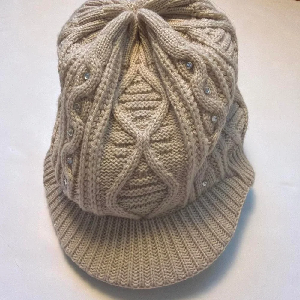 Vinox Tan Knit Rhinestone Newsboy Cap Y2K Cable Knit Paperboy Hat Cream